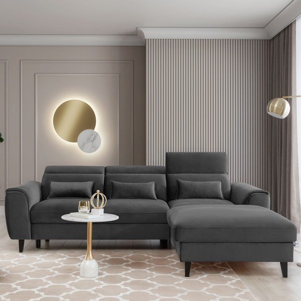 Temno siva žametna raztegljiva/s prostorom za shranjevanje kotna sedežna garnitura (desni kot/z ležalnikom) Foble – ELTAP-image-1