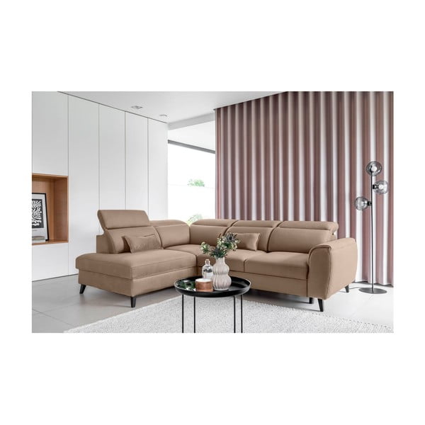 Svetlo rjava žametna raztegljiva/s prostorom za shranjevanje kotna sedežna garnitura (levi kot/v obliki črke L) Noble – ELTAP-image-1