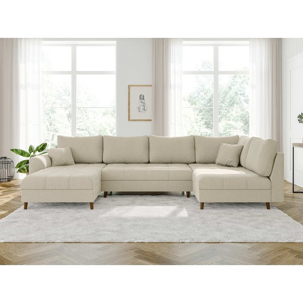 Kremno bela kotna sedežna garnitura iz rebrastega žameta (levi kot/v obliki črke "U") Ariella – Ropez-image-1