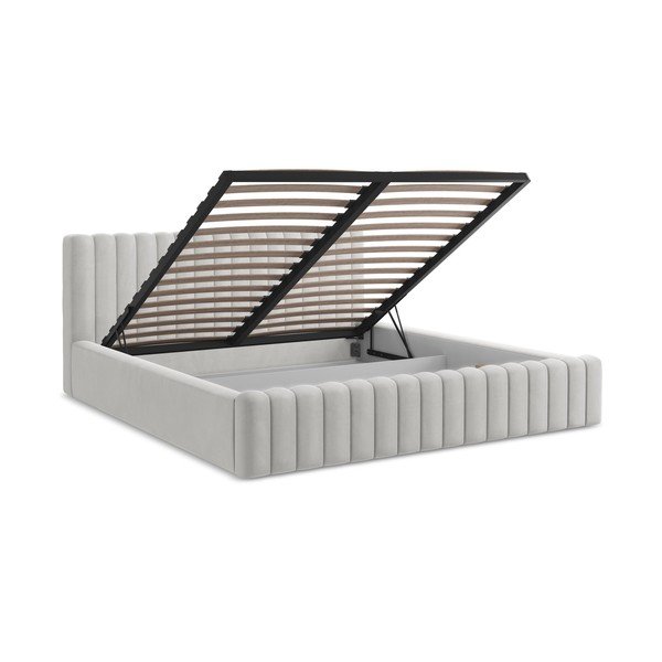 Oblazinjena zakonska postelja s prostorom za shranjevanje z letvenim dnom 160x200 cm v srebrni barvi Lemi – Makamii-image-3