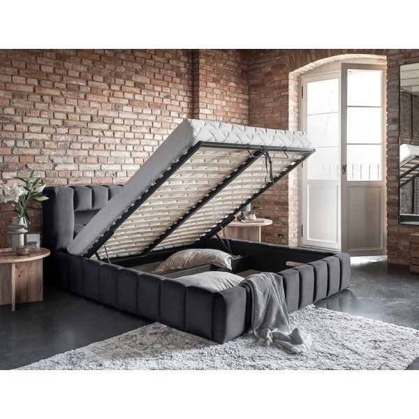 Siva oblazinjena zakonska postelja s prostorom za shranjevanje in z letvenim dnom 180x200 cm Lamica – ELTAP-image-4