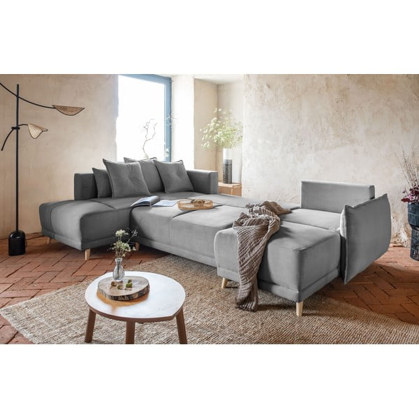 Siva raztegljiva kotna sedežna garnitura iz rebrastega žameta (levi kot/v obliki črke "U") Lazy Lukka – Miuform-image-1