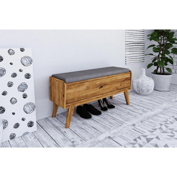 Klop s prostorom za shranjevanje iz hrastovega lesa s svetlo sivim sedežem Retro - The Beds-image-1