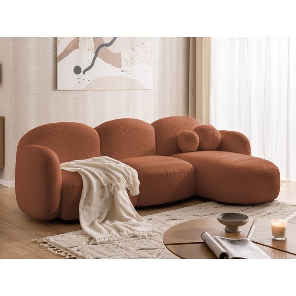 Kotna sedežna garnitura iz tkanine bouclé v barvi terakote (desni kot/z ležalnikom) Orbit – Ropez-image-4