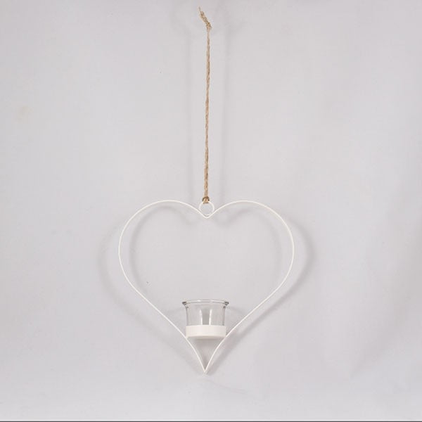 Kovinski svečnik v obliki srca, bel