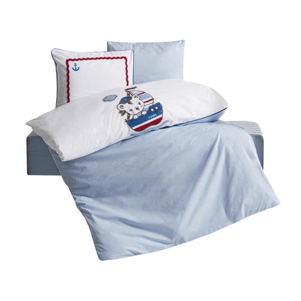 Belo-modra bombažna posteljnina za otroško posteljico z rjuho/4-delna 100x150 cm Miniyo – Mijolnir