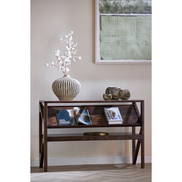 Stranska mizica s stekleno mizno ploščo v temni naravni barvi 41x119 cm Yuki – Light & Living-image-1