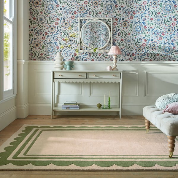 Zelena/naravna ročno tkana volnena preproga 120x170 cm Lois Scallop – Flair Rugs-image-1