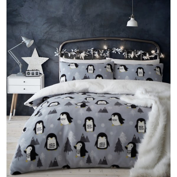 Siva posteljnina iz mikropliša Catherine Lansfield Cosy Penguin, 200 x 200 cm
