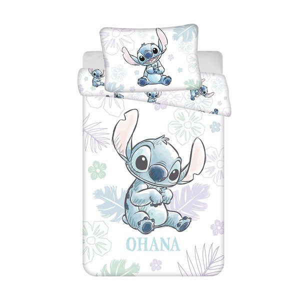 Bela bombažna otroška posteljnina za otroško posteljico 100x135 cm Lilo and Stitch "Ohana White" – Jerry Fabrics