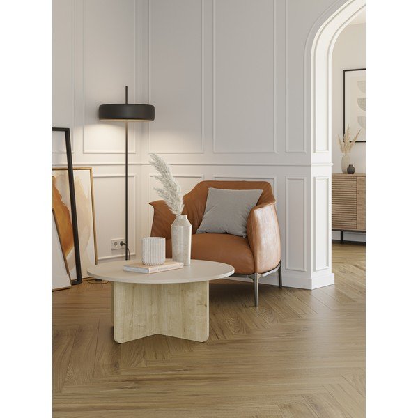 Kremno bela/v naravni barvi okrogla mizica v hrastovem dekorju ø 80 cm Hillary – Marckeric-image-1