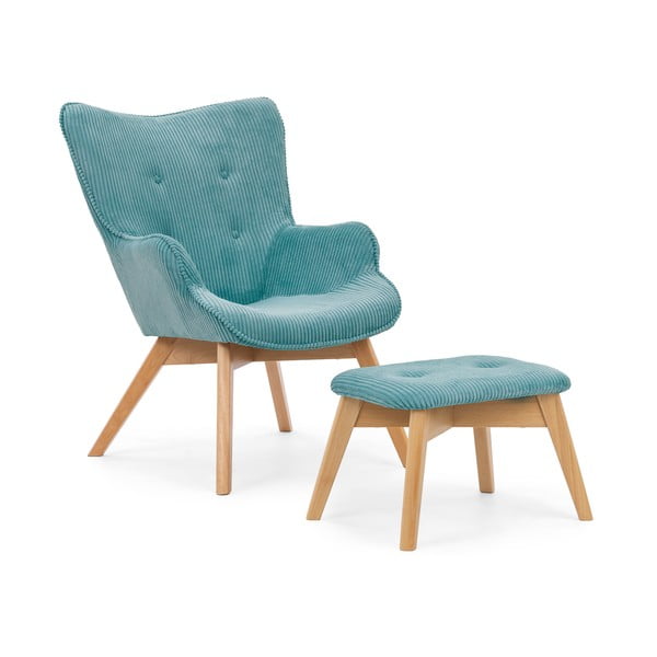 Turkizen fotelj z naslonjalom za noge iz rebrastega žameta Niko – Ropez