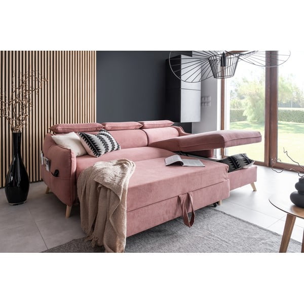 Svetlo rožnata žametna raztegljiva kotna sedežna garnitura (desni kot) Sweet Harmony – Miuform-image-4