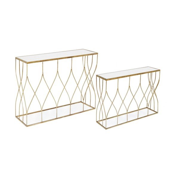 Stranske mizice v kompletu 2 ks s stekleno mizno ploščo v zlati barvi 33x104 cm Elenor – Bizzotto