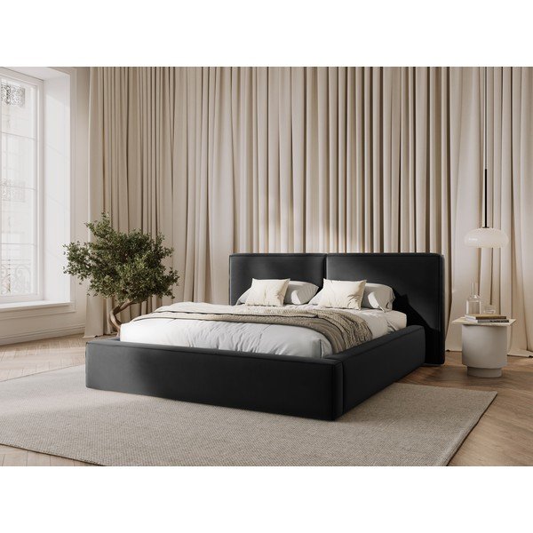 Temno siva žametna oblazinjena zakonska postelja s prostorom za shranjevanje in z letvenim dnom 200x200 cm Arendal – Cosmopolitan Design-image-1