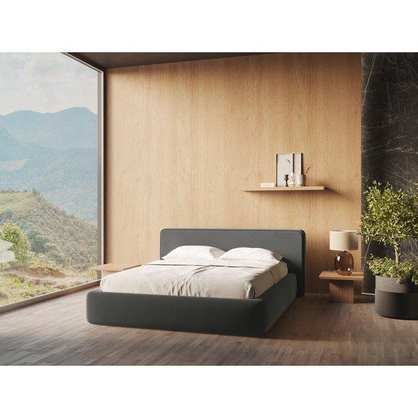 Temno siva oblazinjena zakonska postelja s prostorom za shranjevanje z letvenim dnom 180x200 cm Kiana – Makamii-image-1