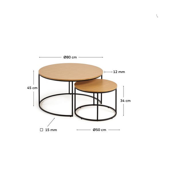 Okrogle mizice v kompletu 2 ks z mizno ploščo v hrastovem dekorju v naravni barvi ø 80 cm Yona – Kave Home-image-4