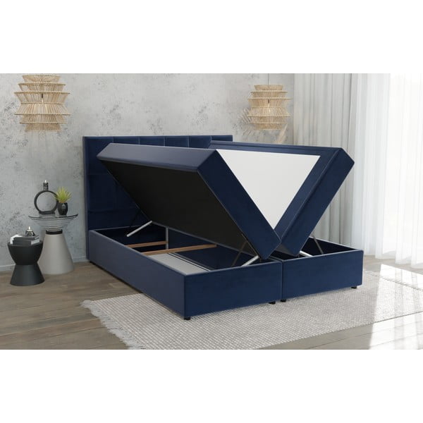 Temno modra boxspring postelja s prostorom za shranjevanje 200x200 cm Flip – Ropez-image-3