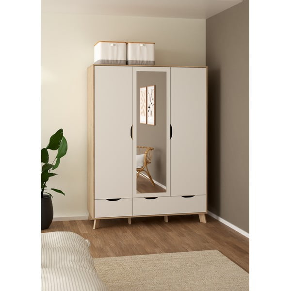 Bela garderobna omara v hrastovem dekorju z ogledalom 147x201x58 cm Ikast – Tvilum-image-1