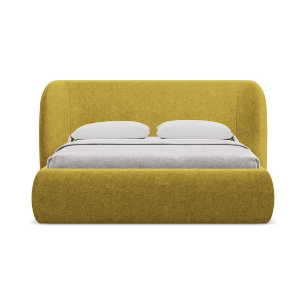 Gorčično rumena oblazinjena zakonska postelja s prostorom za shranjevanje z letvenim dnom 180x200 cm Hauke – Makamii-image-3