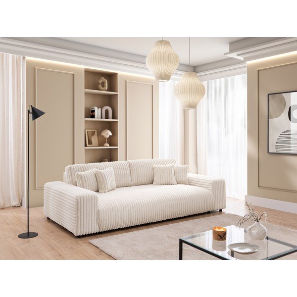 Kremno bela raztegljiva/s prostorom za shranjevanje sedežna garnitura iz rebrastega žameta 260 cm Justin  – Ropez-image-1