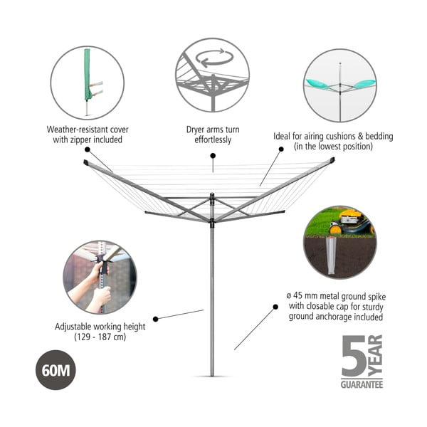 Vrtno stojalo za sušenje perila v srebrni barvi 60 m Lift-O-Matic – Brabantia-image-4