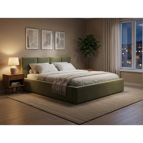 Svetlo modra žametna oblazinjena zakonska postelja s prostorom za shranjevanje z letvenim dnom 140x200 cm Hiko – Makamii-image-1