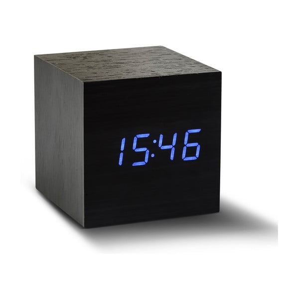 Črna budilka z modrim LED zaslonom Gingko Cube Click Clock