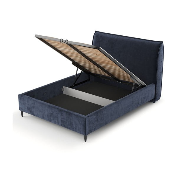 Temno modra oblazinjena zakonska postelja s prostorom za shranjevanje z letvenim dnom 180x200 cm Shell – Maison de Rêve-image-4
