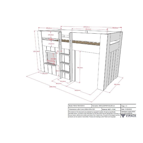 Bela dvignjena otroška postelja iz masivnega bora 90x200 cm RENO – Vipack-image-3