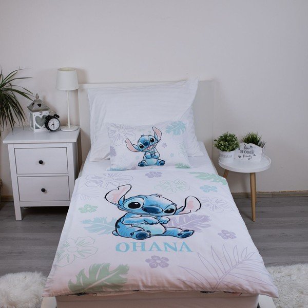 Bela bombažna otroška posteljnina za otroško posteljico 100x135 cm Lilo and Stitch "Ohana White" – Jerry Fabrics-image-1