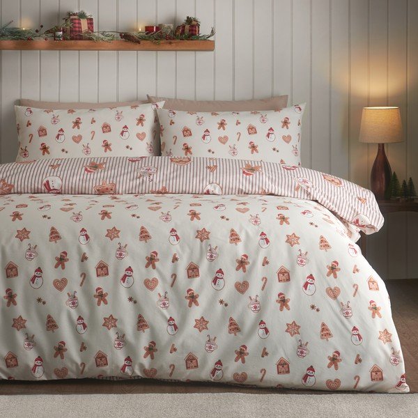 Enojna posteljnina v naravni barvi 135x200 cm Christmas Gingerbread Stripe – Catherine Lansfield-image-1