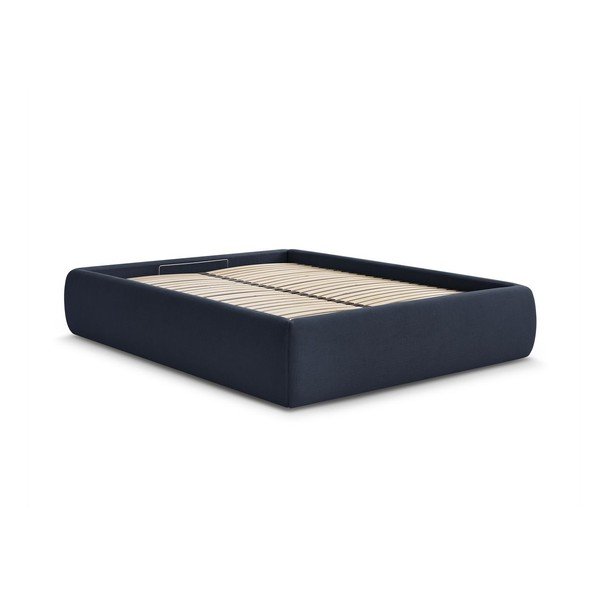 Temno modra oblazinjena zakonska postelja s prostorom za shranjevanje brez vzglavja z letvenim dnom 160x200 cm Inera – Bobochic Paris