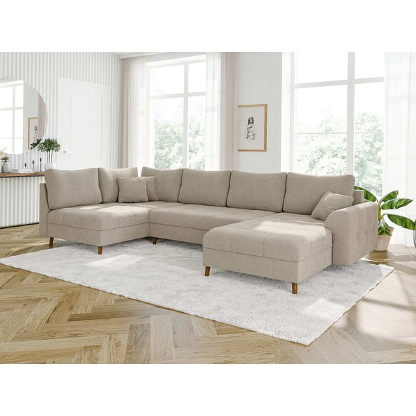 Bež kotna sedežna garnitura iz tkanine bouclé (desni kot/v obliki črke "U") Ariella – Ropez-image-3