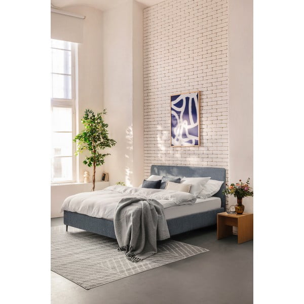 Modra oblazinjena zakonska postelja z vzmetnico in letvenim dnom 160x200 cm Noira Slim – Bonami Selection-image-1