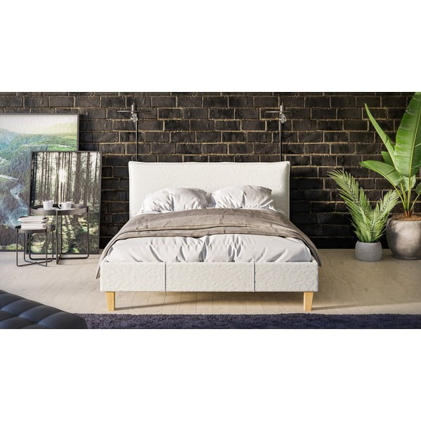 Kremno bela oblazinjena zakonska postelja z letvenim dnom 140x200 cm Tina – Ropez-image-1