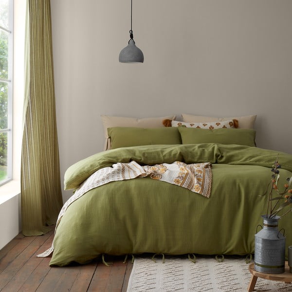 Kaki zelena posteljnina za zakonsko posteljo iz muslina 200x200 cm Afra – Pineapple Elephant