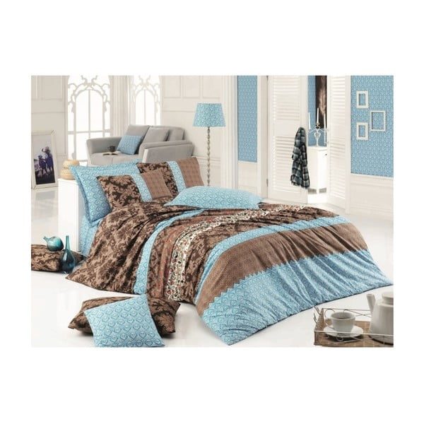 Rjavo in mornarsko modro posteljno perilo za zakonsko posteljo Hiera, 200 x 220 cm