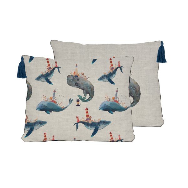 Komplet 2 okrasnih blaznih iz mešanice lana Little Nice Things Whale, 50 x 35 cm-image-2