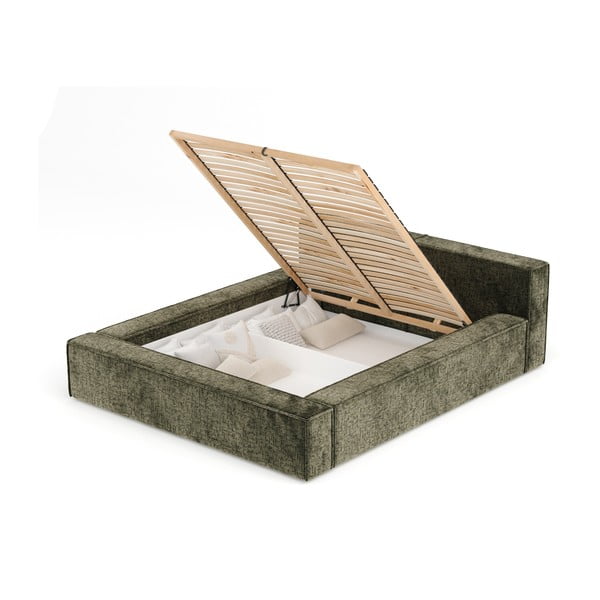 Temno zelena oblazinjena zakonska postelja s prostorom za shranjevanje z letvenim dnom 180x200 cm Voliera – Maison de Rêve-image-2