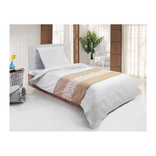 Satenasto posteljno perilo z vzglavnikom Sukran Beige, enojna postelja, 135x200 cm