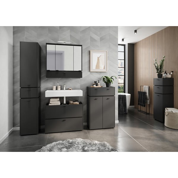 Antracitno siva kopalniška omarica z ogledalom in lučjo 79x80 cm Modesto – Germania-image-3