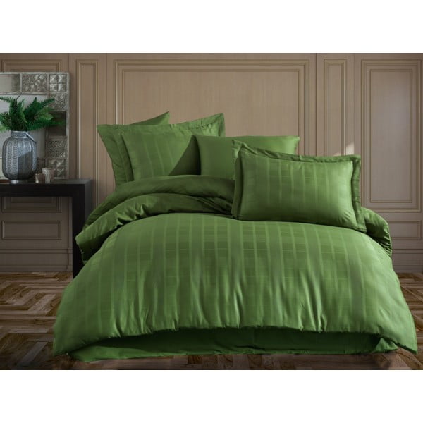 Zelena podaljšana posteljnina iz bombažnega satena za zakonsko posteljo z rjuho in pregrinjalom 240x260 cm Ekose - Mijolnir