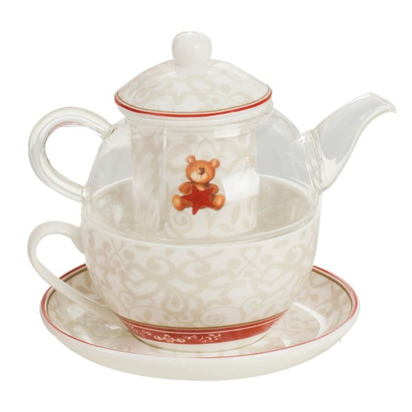 Komplet čajnika, skodelice s pladnjem in cedila za čaj iz kostnega porcelana Brandani Abbracci Bear