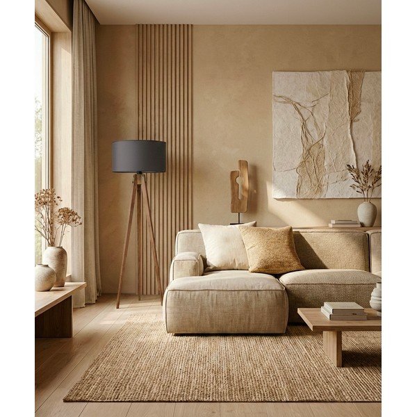 Črna/rjava stoječa svetilka s tekstilnim senčilom (višina 153 cm) Tripod – Opviq lights-image-1