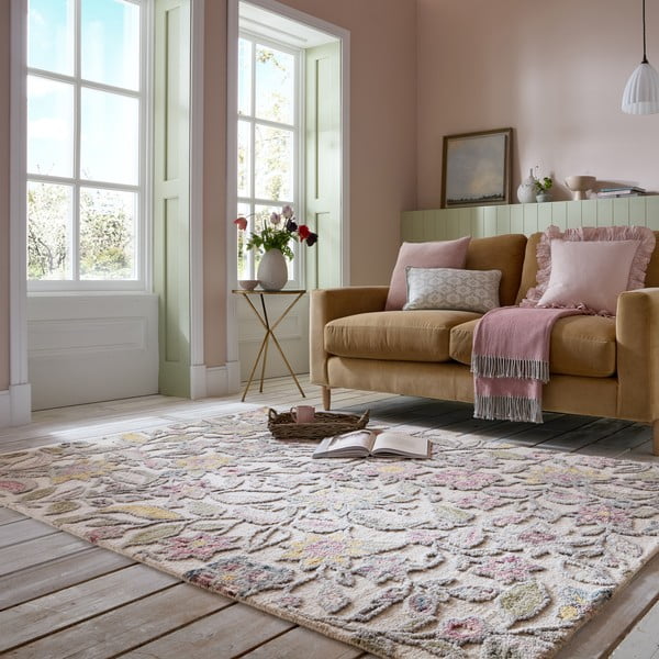 Kremno bela ročno tkana volnena preproga 160x230 cm Tania Floral – Flair Rugs-image-1