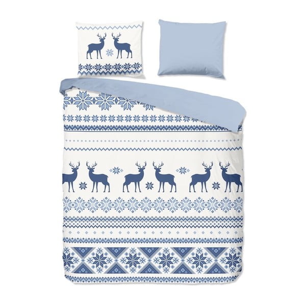 Belo-modra flanelna posteljnina z božičnim motivom Good Morning Nordic, 140 x 200 cm
