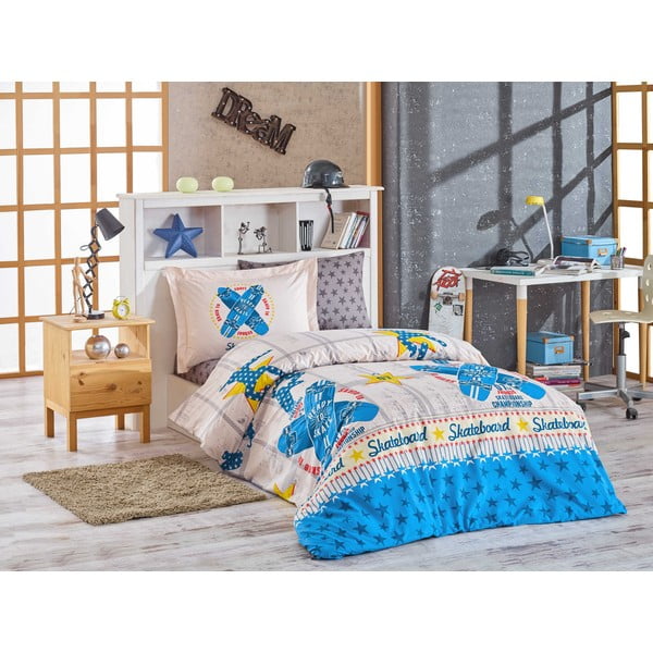 Modro enojno posteljno perilo z rjuho Skateboard, 160 x 220 cm