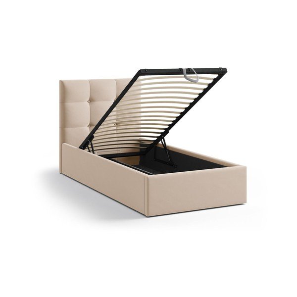 Svetlo rjava oblazinjena postelja s prostorom za shranjevanje in z letvenim dnom 90x200 cm Phaedra – Micadoni -image-1