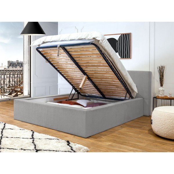 Svetlo siva oblazinjena zakonska postelja s prostorom za shranjevanje in letvenim dnom 160x200 cm Nihad – Bobochic Paris-image-3